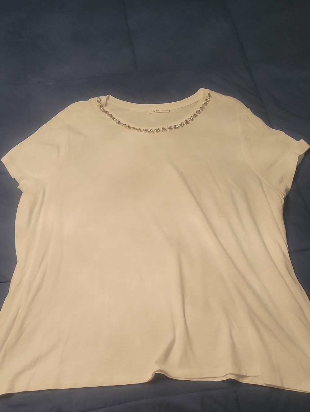 White Short Sleeve Crewneck Top with Rhinestone Neckline